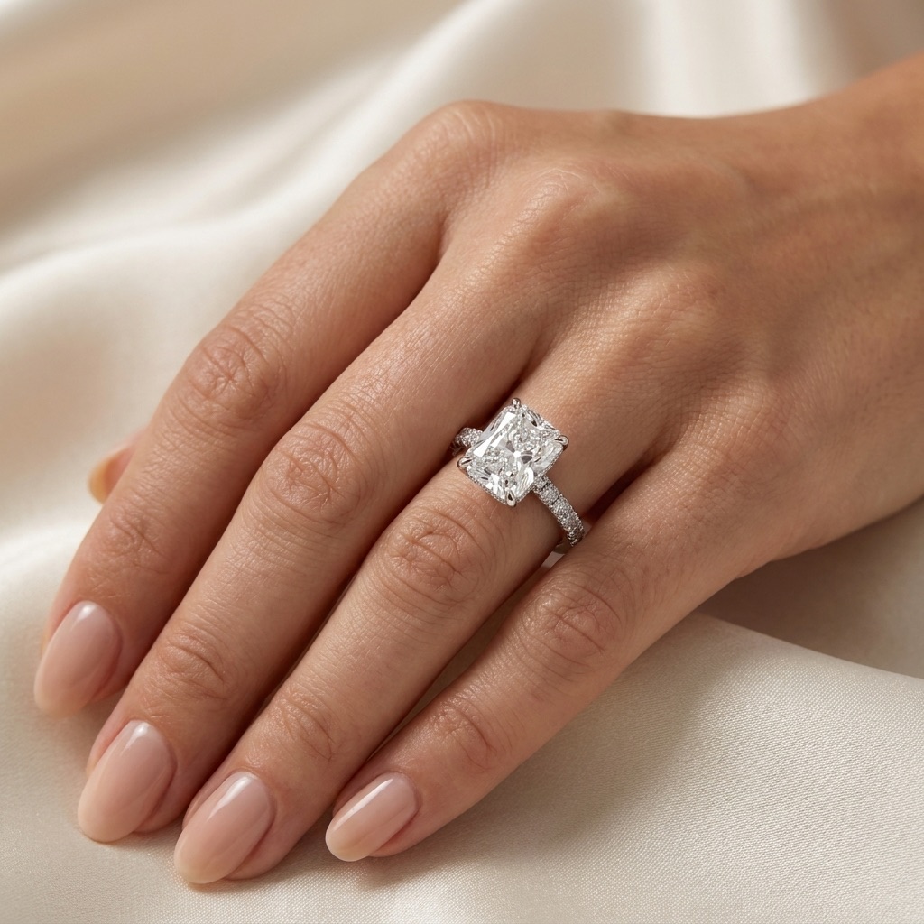 Radiant-cut diamond engagement ring with pavé band