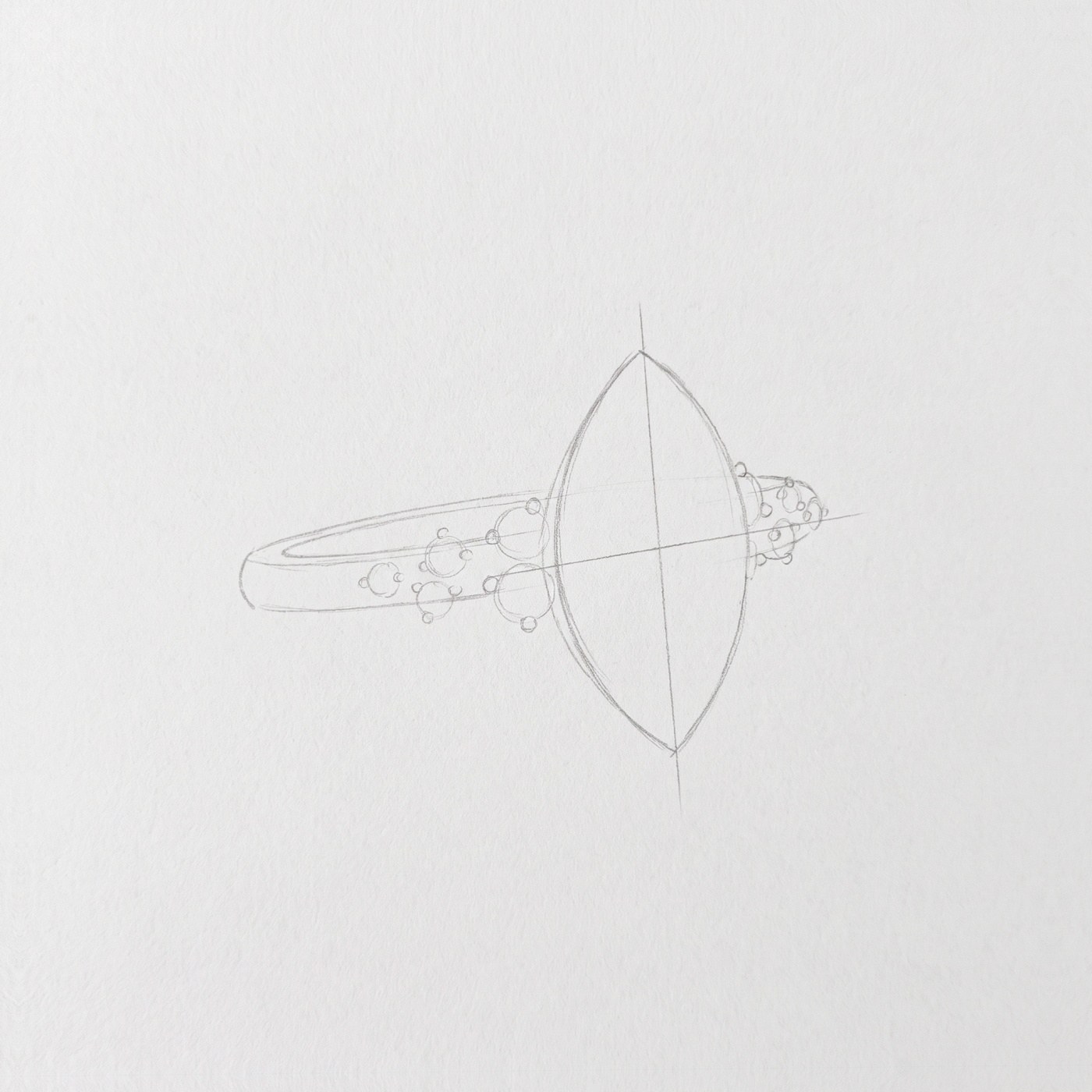 Rough pencil construction sketch of a marquise-cut ring