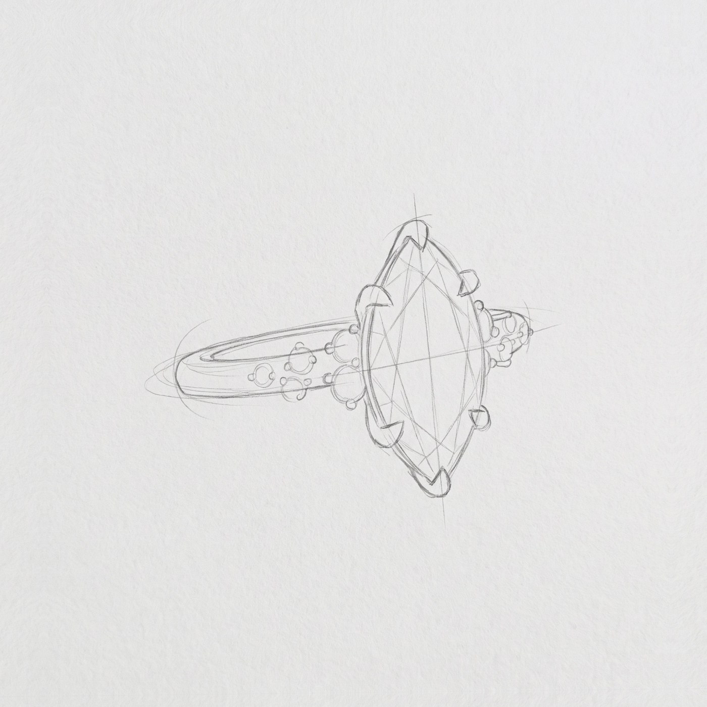 Pencil sketch of the marquise-cut ring taking shape