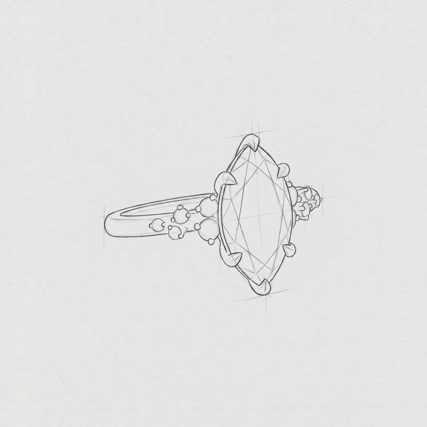 Line drawing of a marquise-cut ring with diamond cluster shoulders