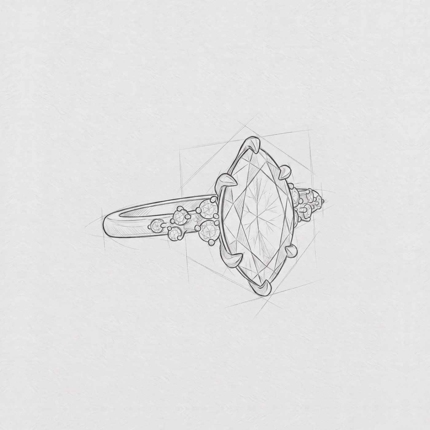 Detailed pencil sketch of the marquise-cut diamond ring