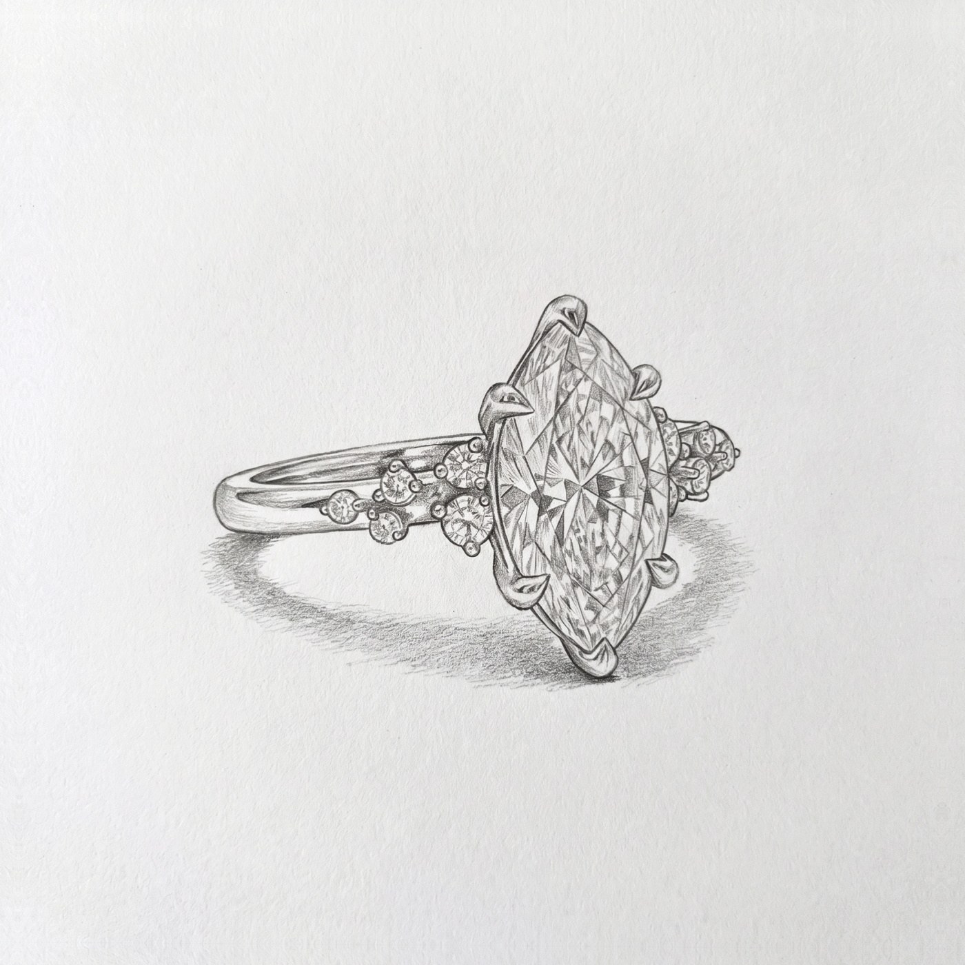 Shaded pencil sketch of the marquise-cut diamond ring