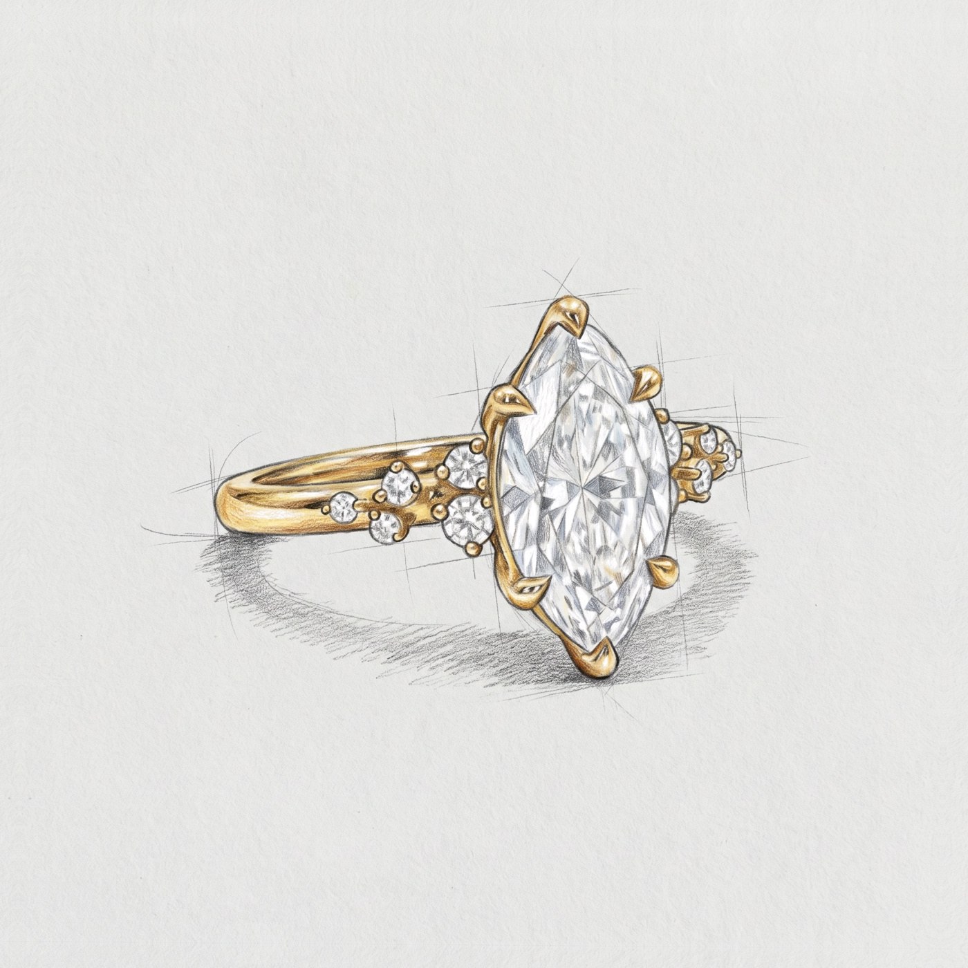 Coloured sketch of a marquise diamond ring with diamond cluster shoulders in yellow gold