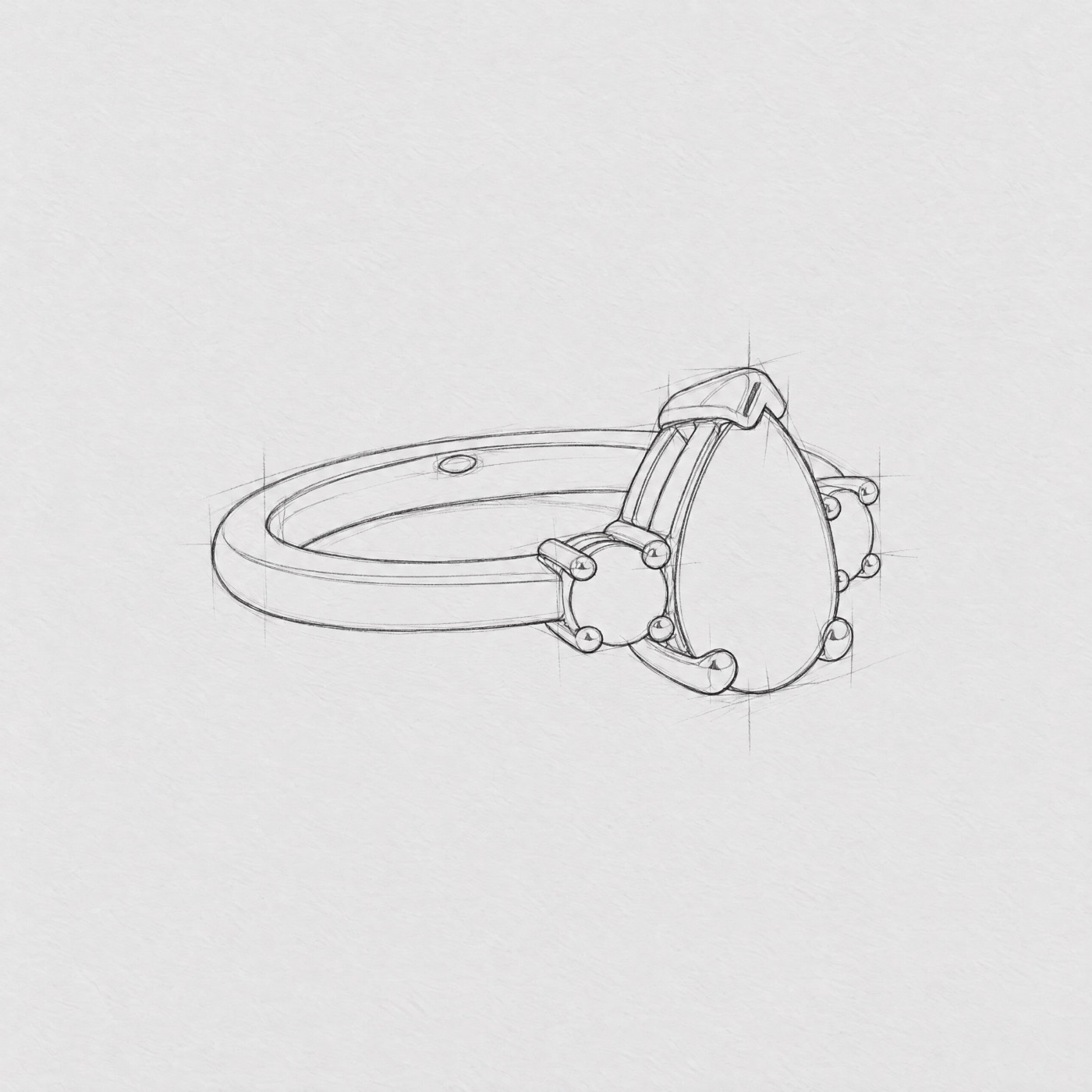Line drawing of a pear-cut three-stone ring