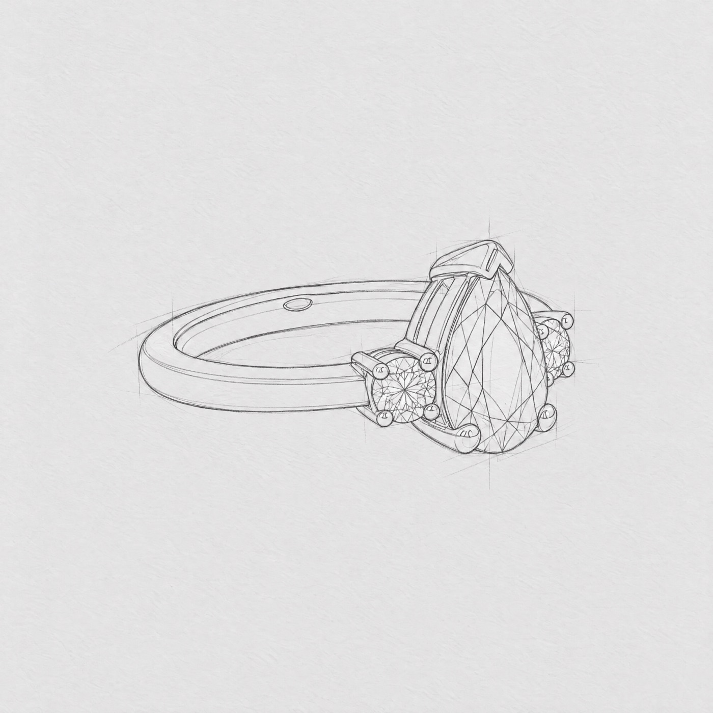 Detailed pencil sketch of the pear-cut three-stone ring