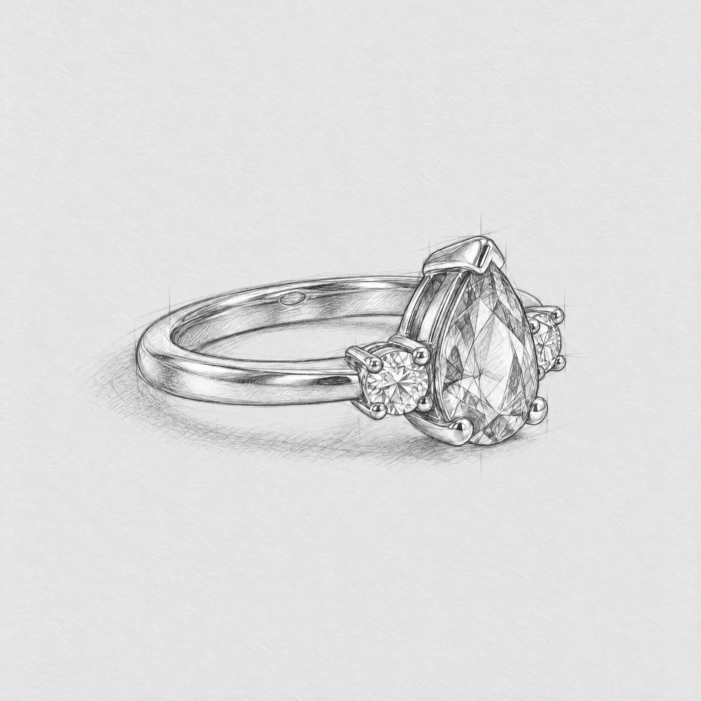 Shaded pencil sketch of the pear-cut three-stone ring