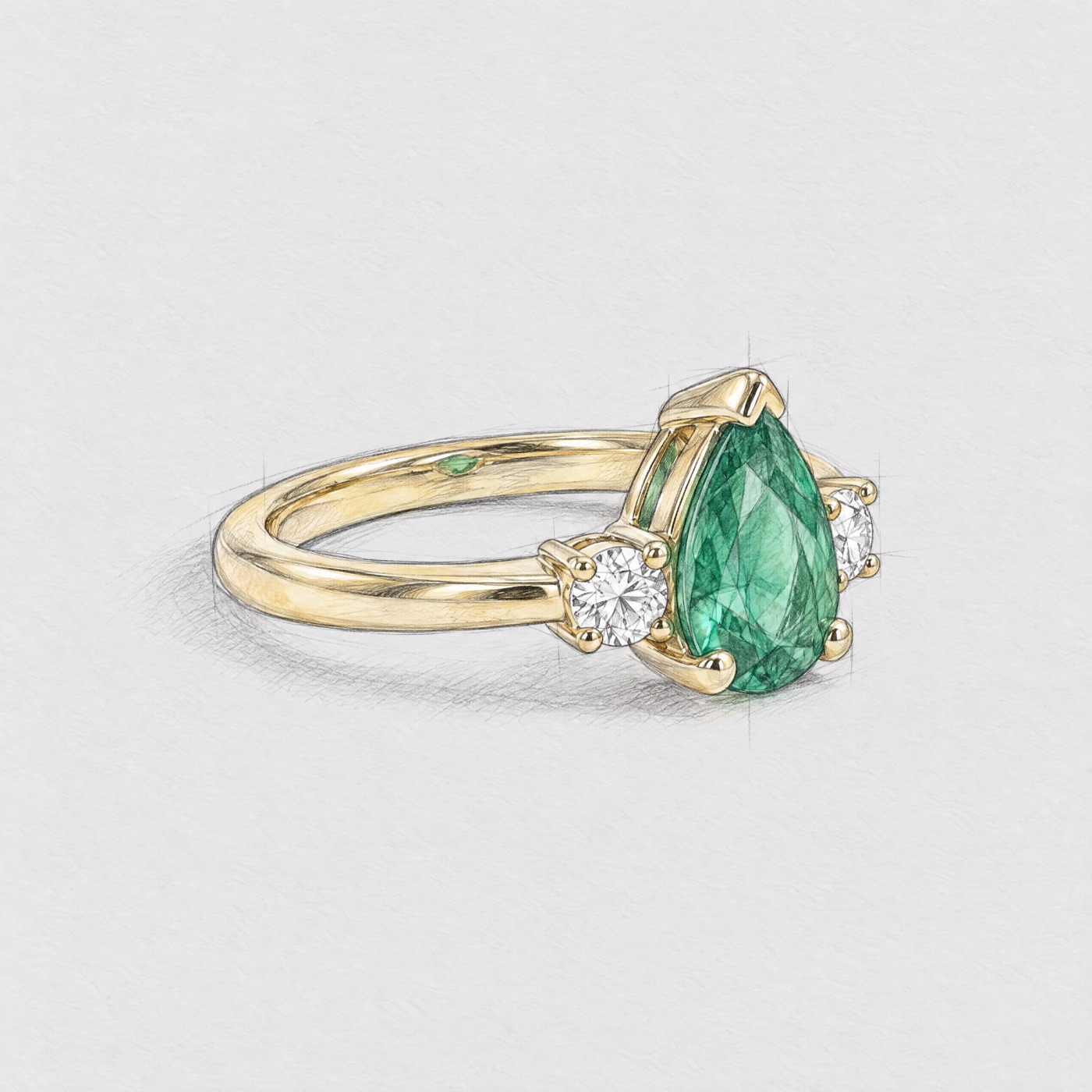 Coloured sketch of a pear-cut emerald ring with diamond side stones in yellow gold